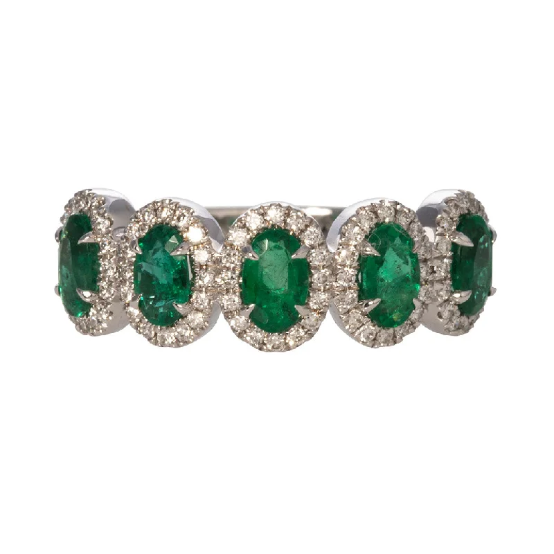 Exclusive Jewelry Markdowns – Limited-Time Offer Five Stone Oval Emerald & Diamond Halo 14K White Gold Ring