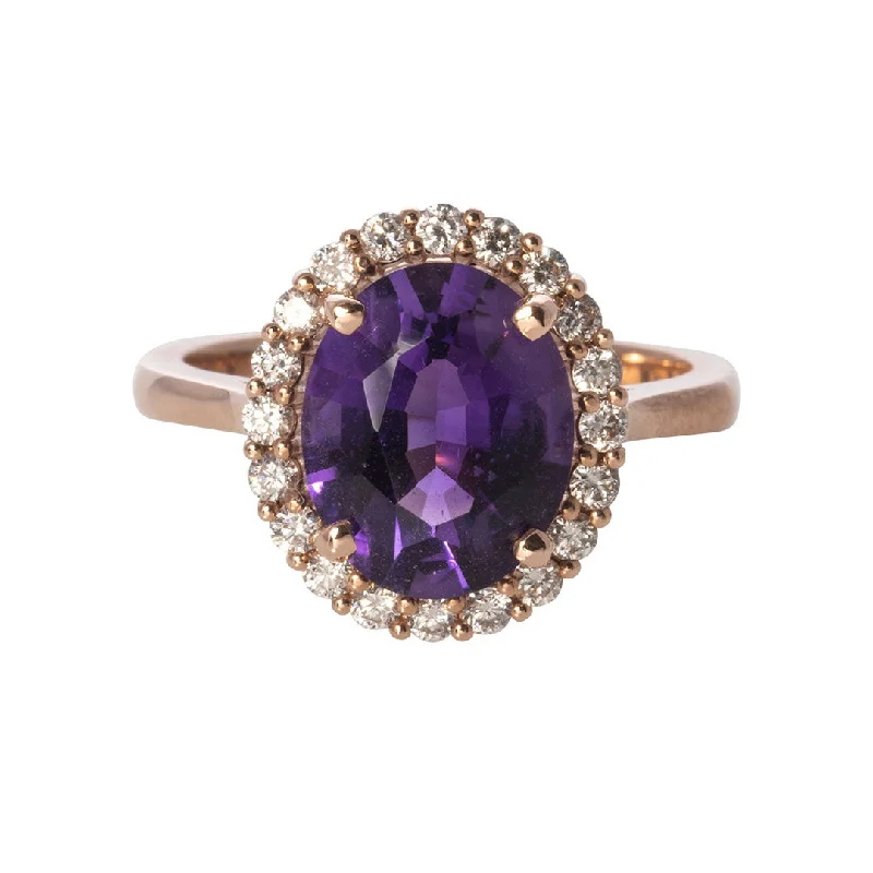 Jewelry Sale Bonanza – Grab Your Sparkle Now Oval Amethyst & Diamond Halo 14K Rose Gold Ring