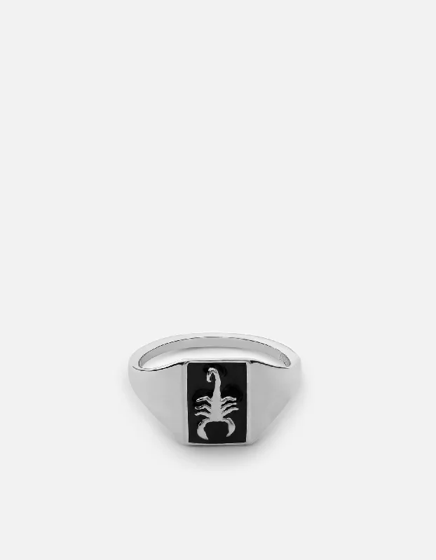Dainty Floral Jewelry For Feminine Elegance Scorpius Ring, Sterling Silver/Black