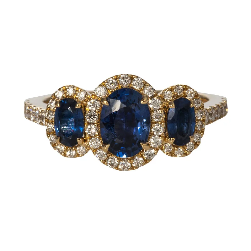 Must-Have Jewelry Pieces At Reduced Prices Three-Stone Oval Sapphire & Diamond Halo 14K Yellow Gold Ring