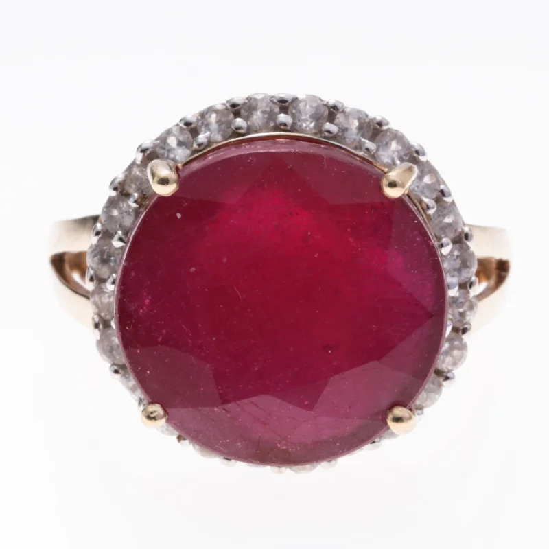 Trendy Minimalist Jewelry For Everyday Wear 10K Yellow Gold Synthetic Ruby and White Topaz Ring | 11.35ct, 0.23ctw | SZ 6.75