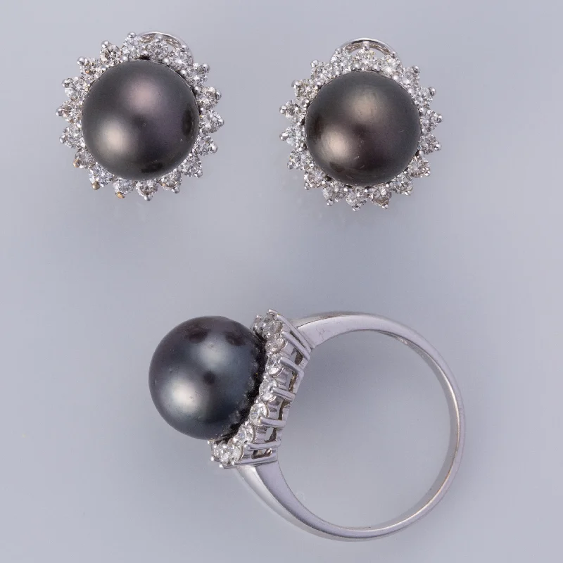 Elegant Designs, Unbeatable Discounts – Shop Jewelry Now 14K Black Tahitian Pearls and Diamond Earrings and Ring| 10-10.75mm, 1.56ctw | SZ 6.75