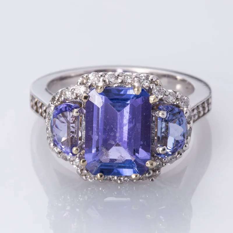 Make Your Outfit Shine With Discounted Jewelry 14K Tanzanite and Diamond Three Stone Ring | 3.40ctw, 0.50ctw | SZ 6.75 |