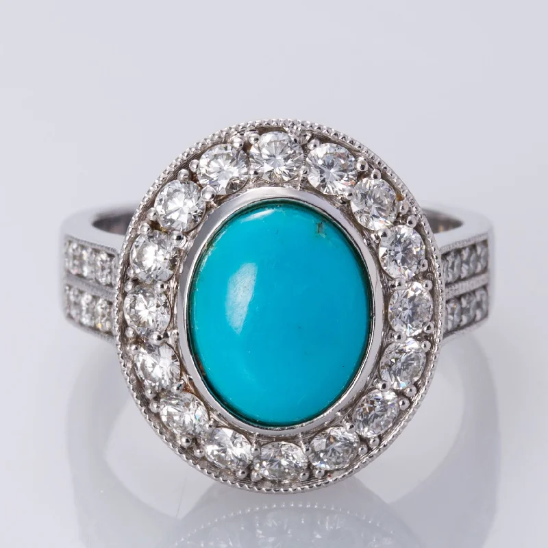 Timeless Beauty, Unbeatable Deals – Jewelry Sale On 14K Turquoise and Diamond Halo Ring | 10 x 8mm, 1.08 ctw | SZ 6.75 |