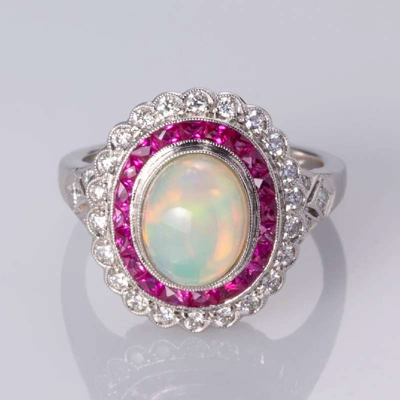 Fine Jewelry, Limited-Time Offers Available 18K White Gold White Opal, Ruby and Diamond Ring | 1.80 ct, 1.0ctw, 0.34 ctw | SZ 6.5 |