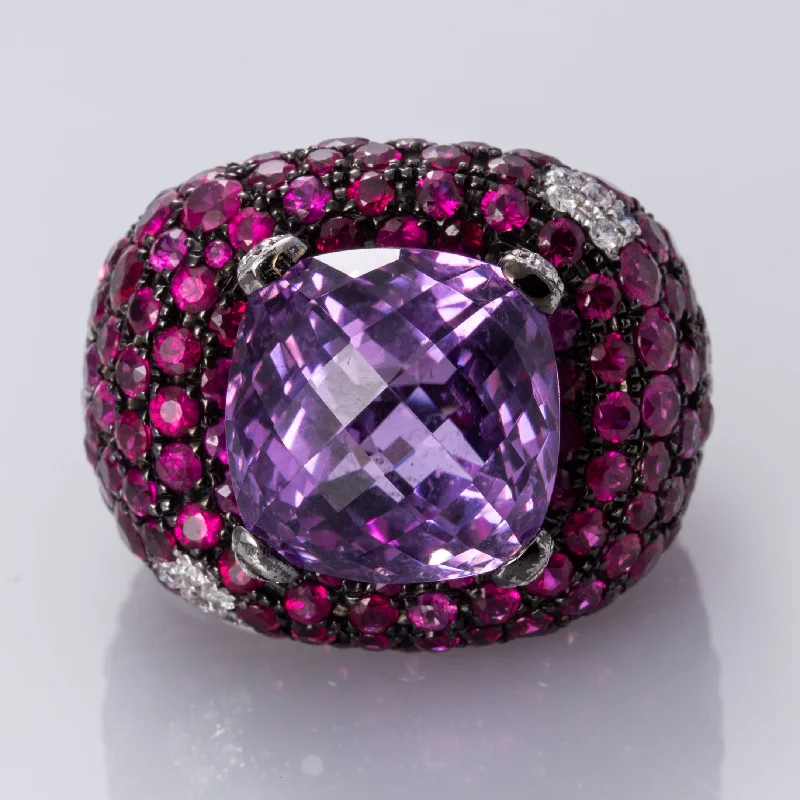 Exclusive Jewelry Sale Event – Shop Now 18K White Gold with Black Rhodium Amethyst, Ruby and Diamond Ring | 13.00 ct, 7.50 ctw, 0.33 ctw | SZ 6.5 |