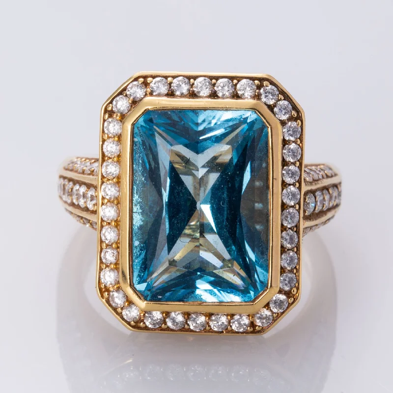 Shop Jewelry That Shines Without The High Price 18K Yellow Gold Blue Topaz and Diamond Cocktail Ring | 8.18 ctw, 1.16 ctw | SZ 6 |