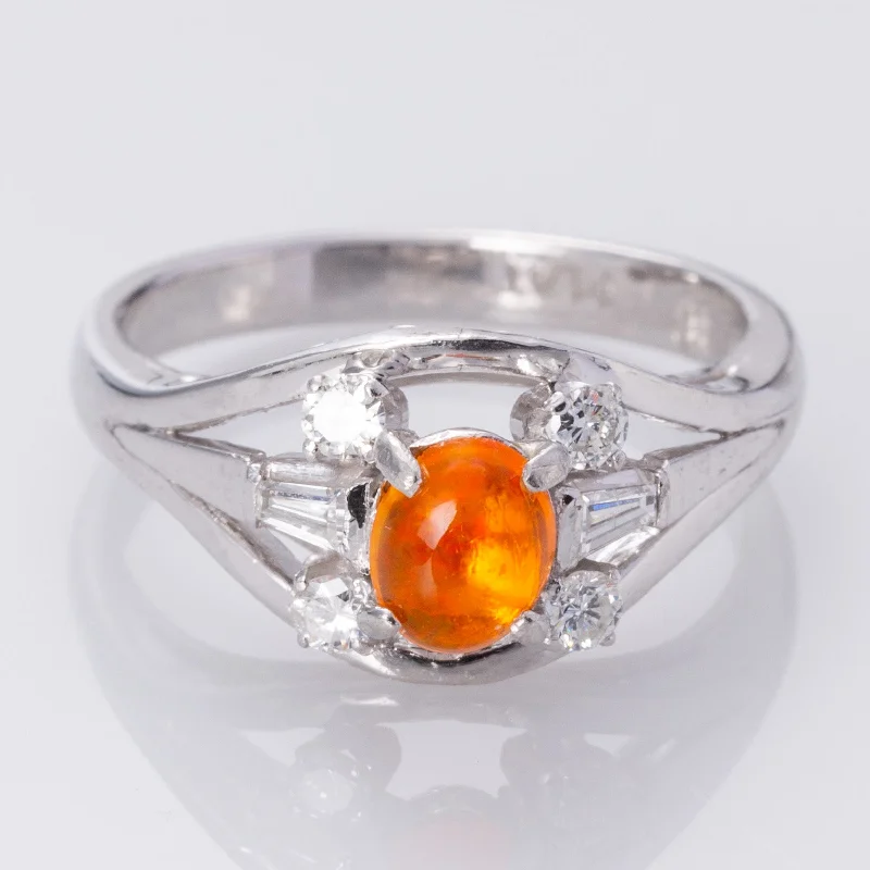 Shop Stylish Jewelry Now And Save Big Platinum Fire Opal and Diamond Cocktail Ring | 0.47ct, 0.13ctw, 0.18ctw | SZ 6 |