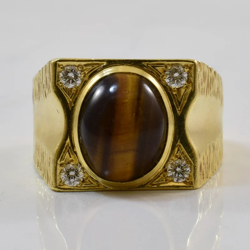 Handmade Pearl Jewelry For Timeless Elegance Tiger's Eye & Diamond Ring | 4.00ct, 0.22ctw | SZ 10.5 |