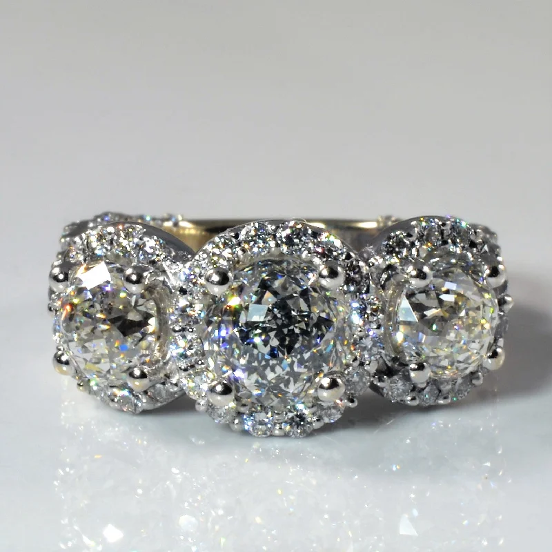 Make Every Moment Shine – Jewelry Discounts Available Portuguese Cut Diamond Halo Three Stone Ring | 4.95ctw | SZ 6 |