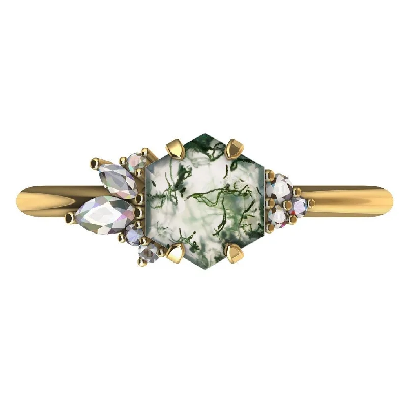Make Your Outfit Shine With Discounted Jewelry Everly Hexagon Moss Agate Ring With Accent Stones