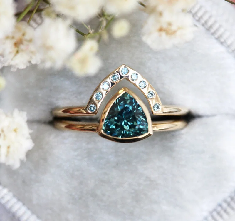 Don't Miss Our Biggest Jewelry Sale Of The Season Teal Trillion Sapphire Ring With Blue Diamond Band, Trillion Sapphire Engagement Ring Solitaire With Teal Blue Diamond Ring, Matching Set