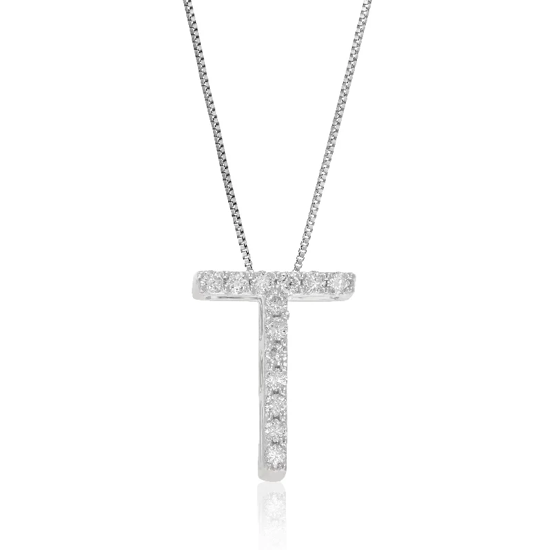 1/10 cttw Lab Grown Diamond Letter T Pendant Necklace .925 Sterling Silver 1/3 Inch With 18 Inch Chain