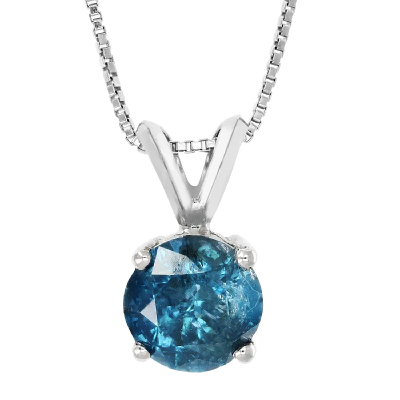 1.50 cttw Blue Diamond Solitaire Pendant Necklace 14K White Gold Round and Chain