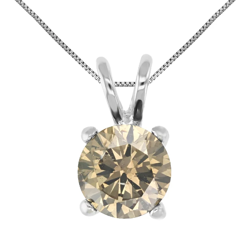 1.50 cttw Champagne Diamond Solitaire Pendant 14K White Gold Round with Chain