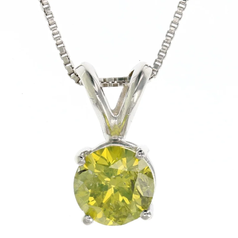 1 cttw Yellow Diamond Solitaire Pendant Necklace 14K White Gold Round with Chain