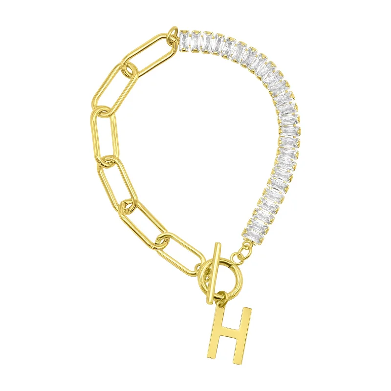 14 Gold Plated Half Crystal And Half Paperclip Initial Toggle Bracelet