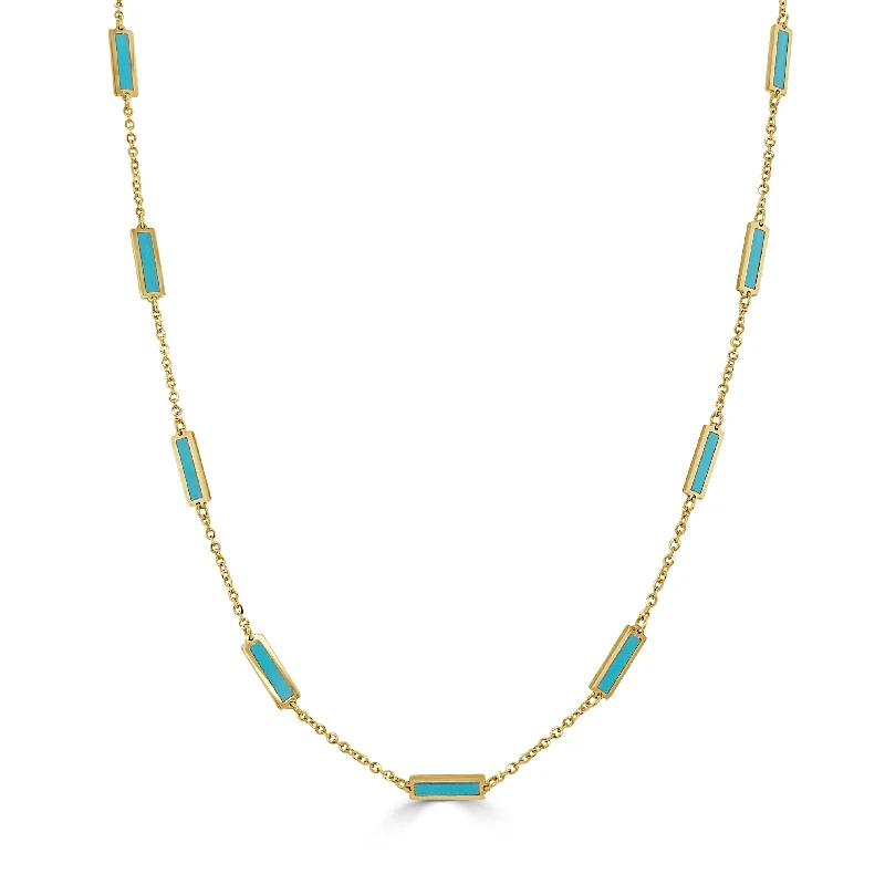 14K Gold Station Bar Turquoise Necklace adjustable 16-18"