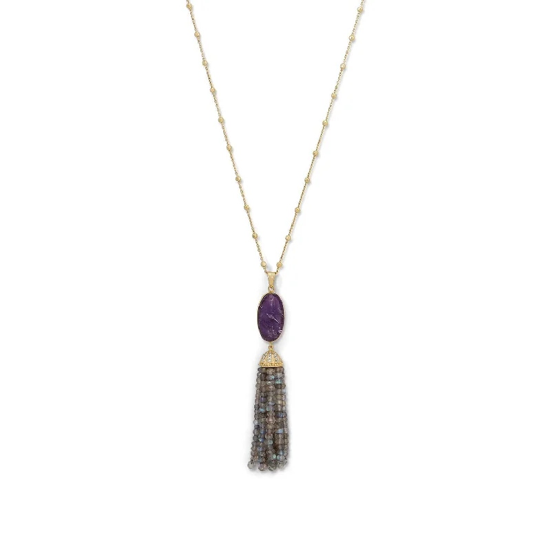 Modern Statement Jewelry For Bold Styling 18k Gold Amethyst & Labradorite Tassel Necklace