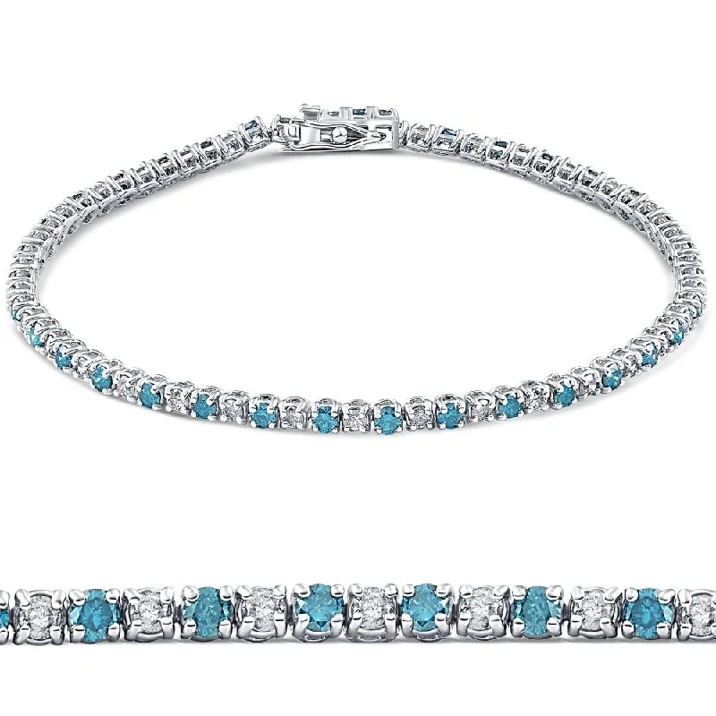 2ct Blue & White Alternating Diamond Tennis Bracelet 14K White Gold 7"