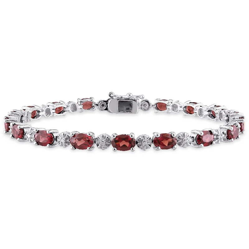 9 7/8 CT TGW Garnet and Diamond Bracelet in Sterling Silver