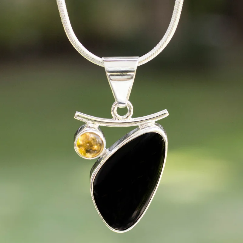 Dewdrop Artisan Crafted Taxco Silver Obsidian and Citrine Necklace