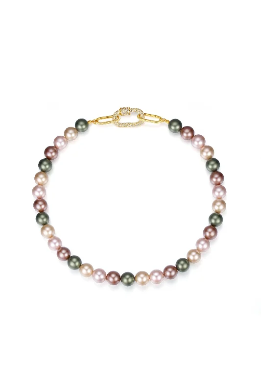 Gold Shell Pearl Necklace with Gem-Encrusted  Carabiner Lock