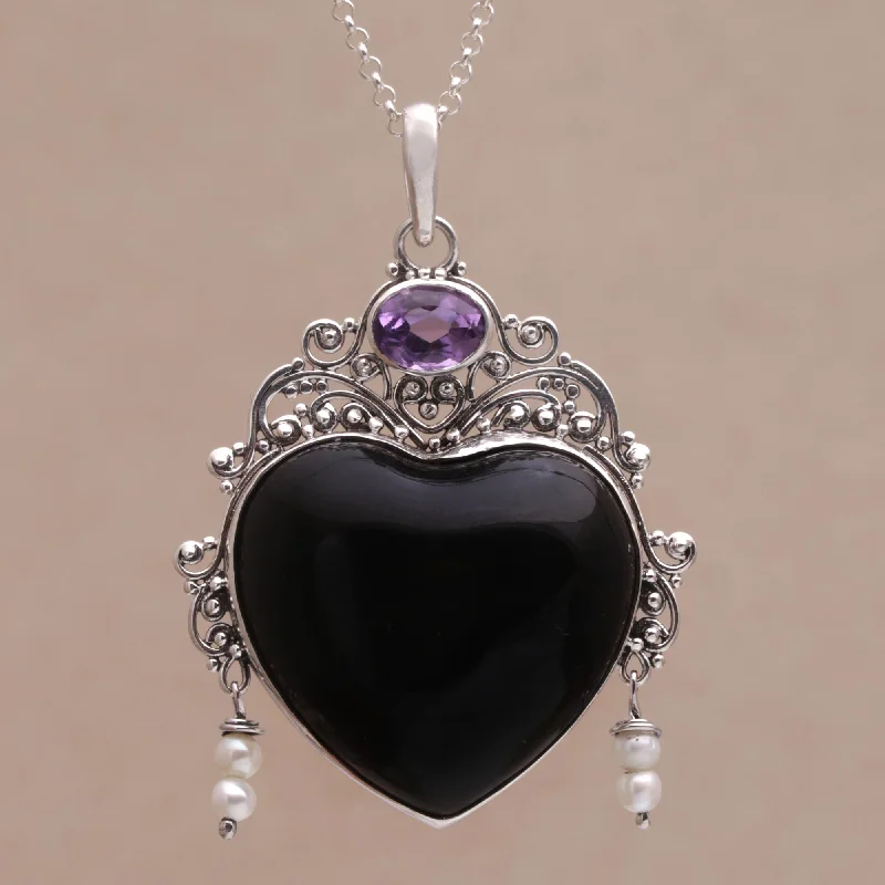 Love Like Midnight Amethyst Cultured Pearl Silver Black Bone Heart Necklace