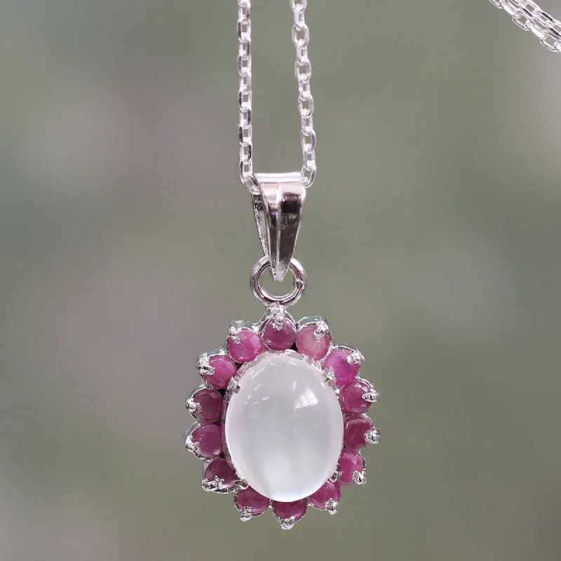 Jewelry Clearance – Final Chance To Save Big Moonstone & Ruby Pendant Necklace