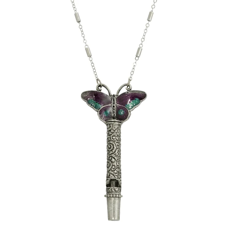 1928 Jewelry® Pewter Whistle With Purple & Green Enamel Butterfly Necklace 30"