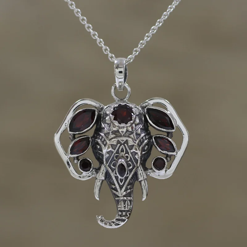 Radiant Ganesha Garnet and Silver Ganesha Pendant Necklace from India