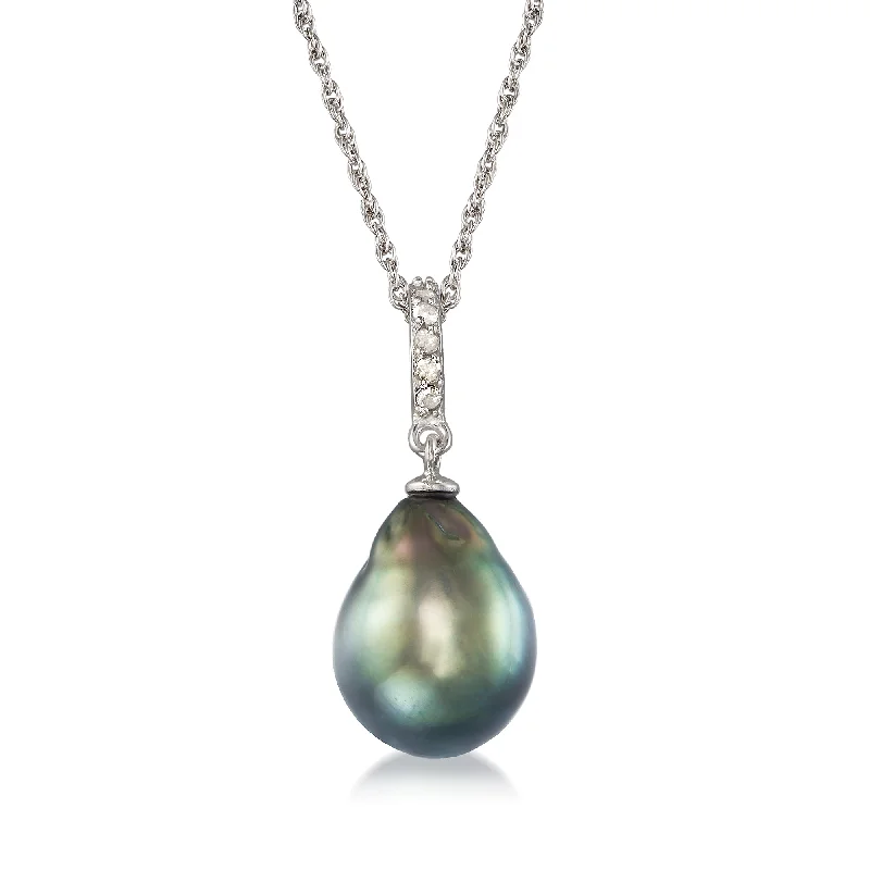 Ross-Simons 11-12mm Black Cultured Tahitian Pearl Pendant Necklace With . Diamond in Sterling Silver