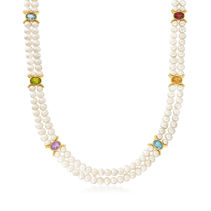 Ross-Simons 4.5-5.5mm Cultured Pearl 2-Strand Necklace With Multi-Gemstones in 18kt Gold Over Sterling