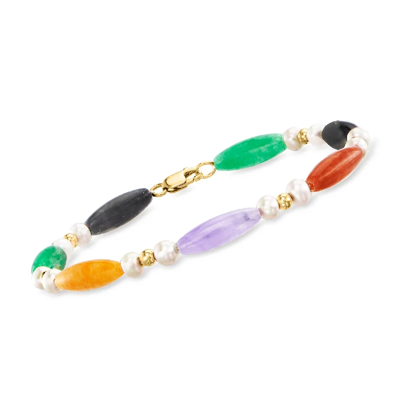 Exclusive Jewelry Markdowns – Limited-Time Offer Ross-Simons 5x15mm Multicolored Jade Bead and 4-4.5mm Cultured Pearl Station Bracelet With 14kt Yellow Gold Exclusive Jewelry Markdowns – Limited-Time Offer Ross-Simons 5x15mm Multicolored Jade Bead and 4-4.5mm Cultured Pearl Station Bracelet With 14kt Yellow Gold