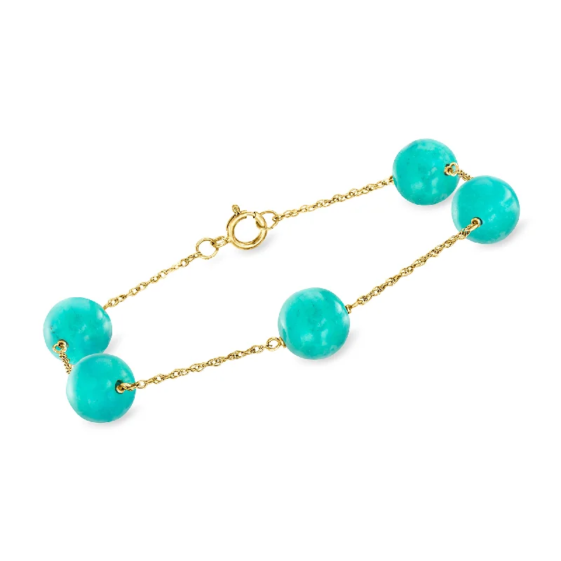 Fine Jewelry, Limited-Time Offers Available Ross-Simons 8mm Stabilized Green Turquoise Bead Station Bracelet in 14kt Yellow Gold
