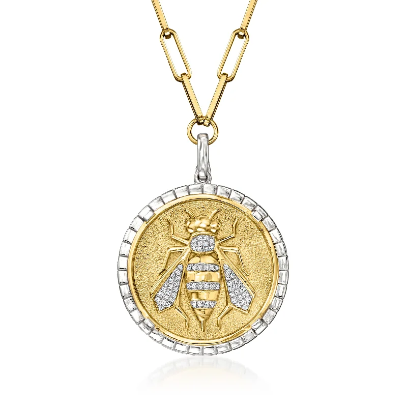 Last Chance To Grab Your Favorite Jewelry At A Discount Ross-Simons Diamond Bumblebee Medallion Paper Clip Link Necklace in 2-Tone Sterling Silver