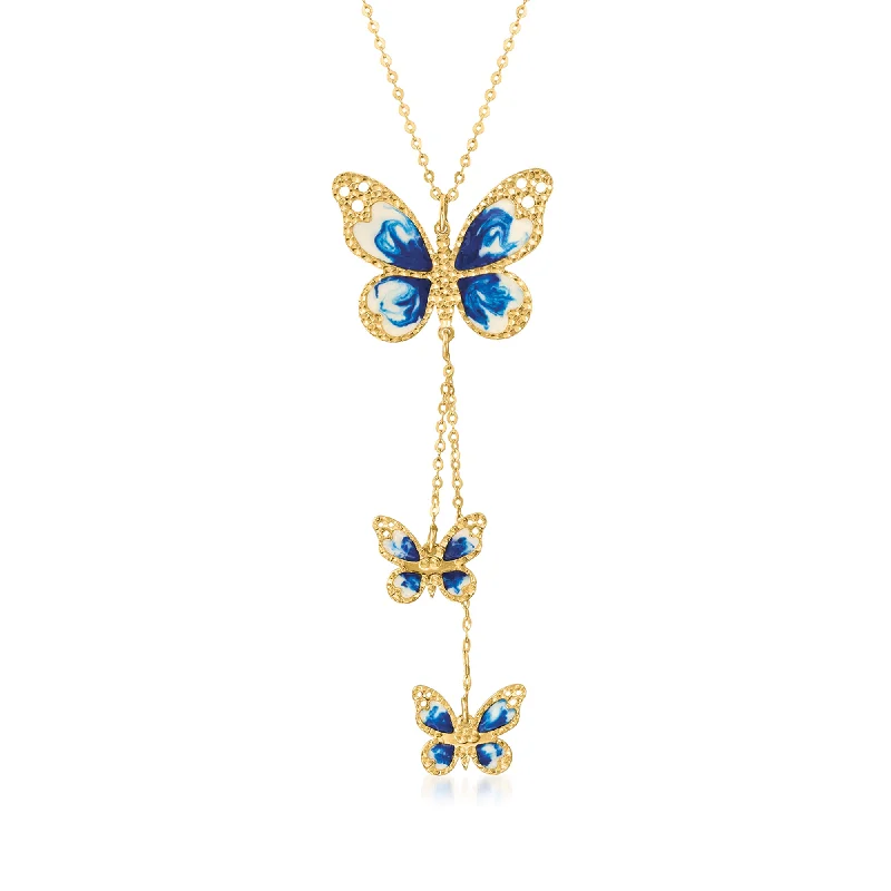 Ross-Simons Italian Blue and White Enamel Butterfly Necklace in 14kt Yellow Gold