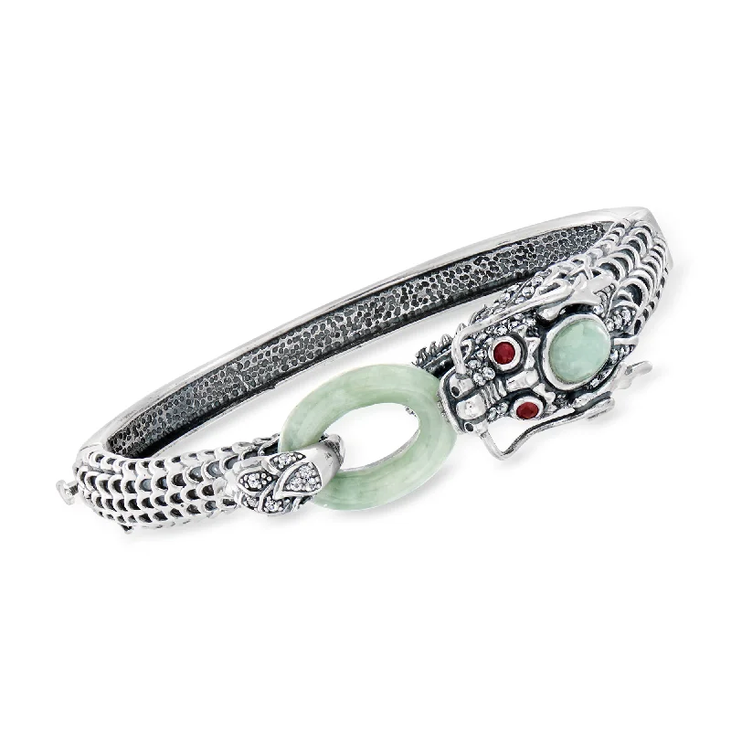 Discounted Jewelry For A Glamorous Look Ross-Simons Jade, White Topaz and . Ruby Dragon Bangle Bracelet in Sterling Silver Discounted Jewelry For A Glamorous Look Ross-Simons Jade, White Topaz and . Ruby Dragon Bangle Bracelet in Sterling Silver