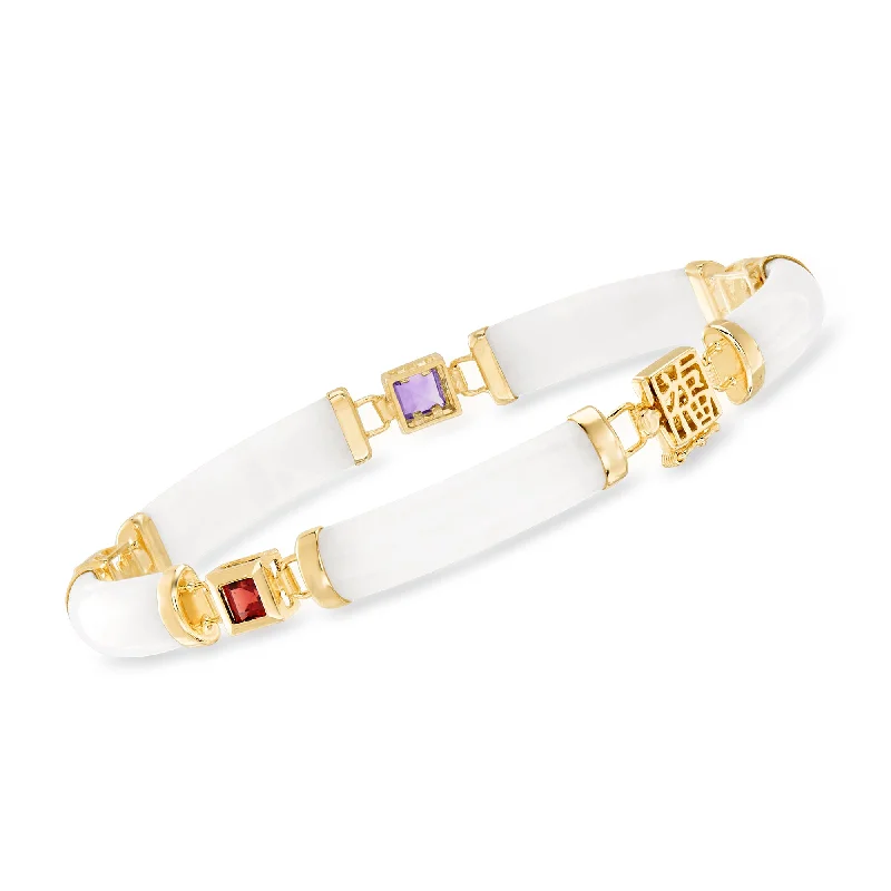 Shop Handcrafted Jewelry At Special Promotional Rates Ross-Simons Multi-Gemstone and White Jade "Bless" Bracelet in 14kt Gold Over Sterling Shop Handcrafted Jewelry At Special Promotional Rates Ross-Simons Multi-Gemstone and White Jade "Bless" Bracelet in 14kt Gold Over Sterling