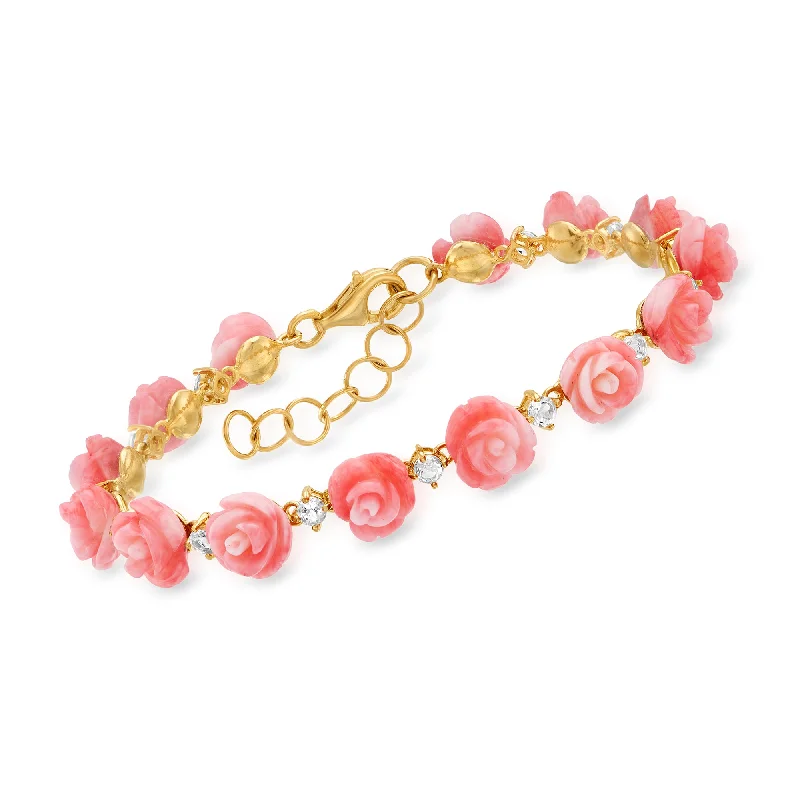 Ross-Simons Pink Coral and White Topaz Rose Bracelet in 18kt Gold Over Sterling