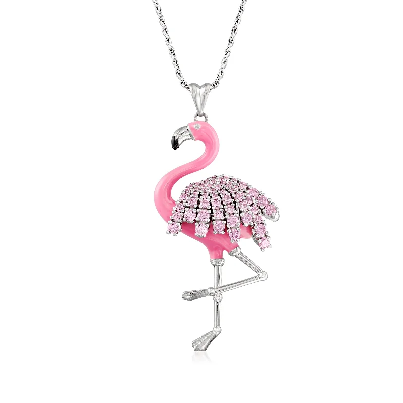 Ross-Simons Pink CZ Flamingo Pendant Necklace With Pink Enamel in Sterling Silver