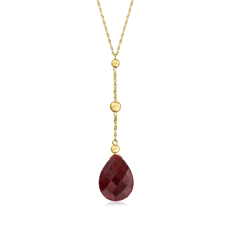 Ross-Simons Ruby and Bead Drop Necklace in 14kt Yellow Gold