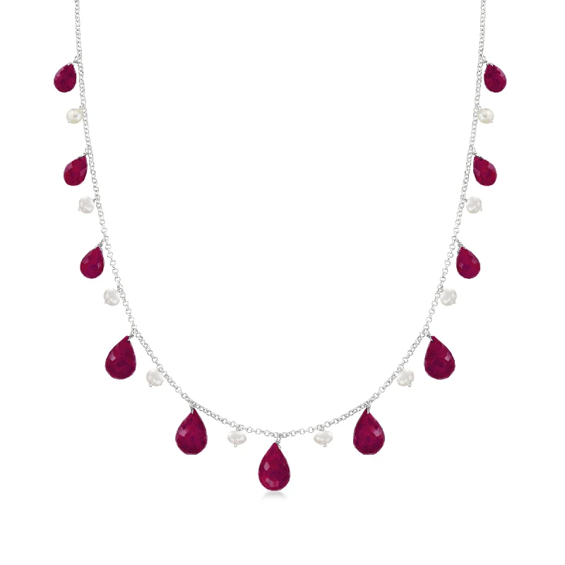 Make Your Outfit Shine With Discounted Jewelry Ross-Simons Ruby and Cultured Pearl Drop Necklace in Sterling Silver