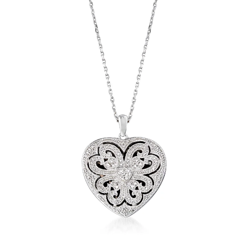 Ross-Simons Sterling Silver Scrolled Heart Locket Necklace With Diamond Accents