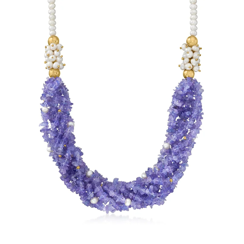 Luxury Jewelry At Unbeatable Discounts Ross-Simons Tanzanite Necklace With 4.5-5.5 Mm Cultured Pearls in 18kt Yellow Gold Over Sterling