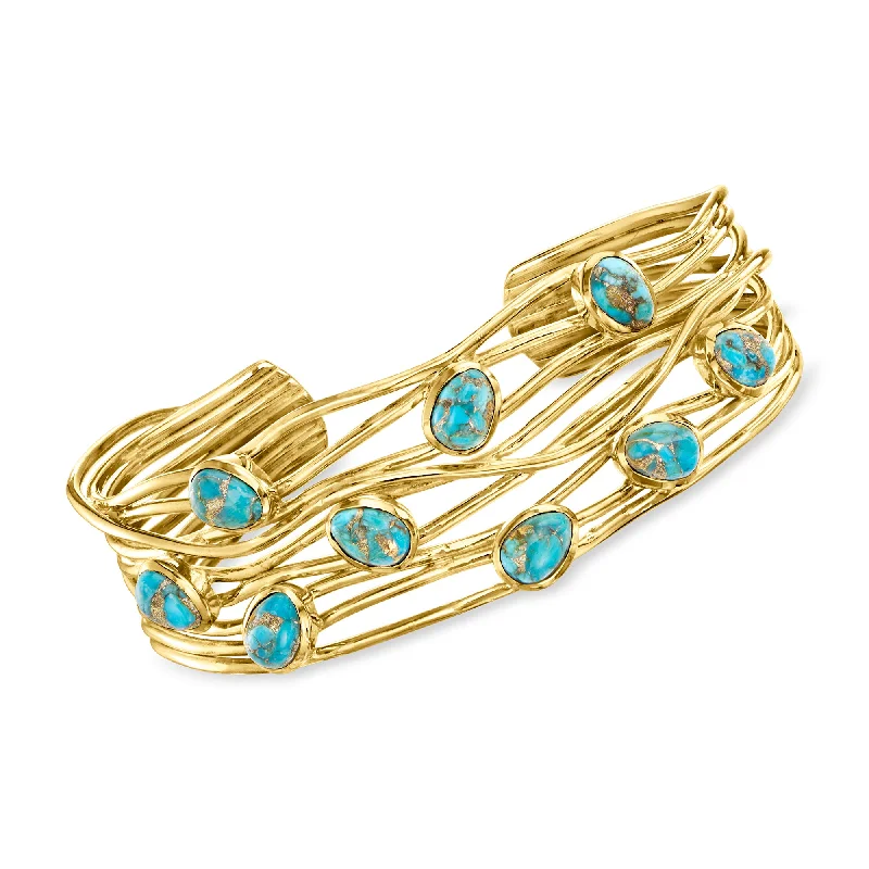 Sparkle More For Less – Jewelry Sale Happening Now Ross-Simons Turquoise Highway Cuff Bracelet in 18kt Gold Over Sterling