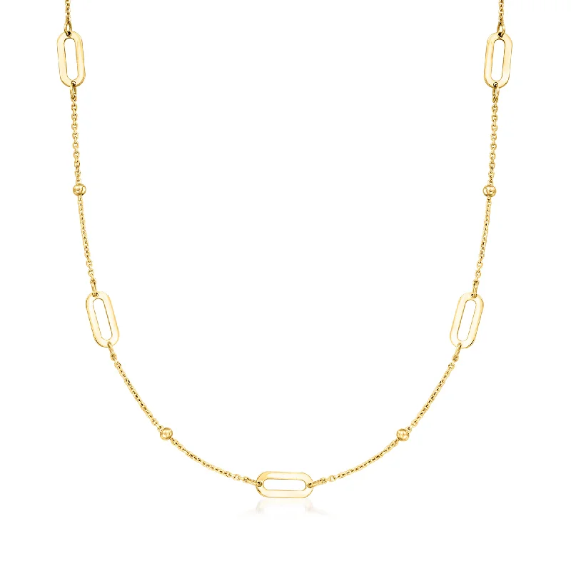 RS Pure by Ross-Simons Italian 14kt Yellow Gold Bead and Paper Clip Link Station Necklace