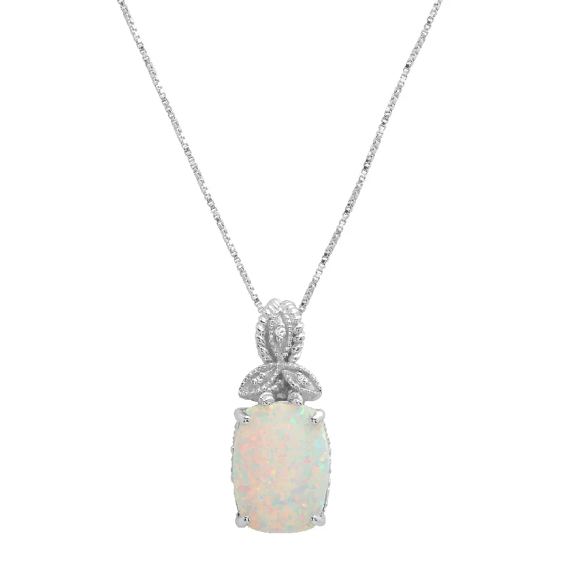 Classic And Modern Jewelry Styles On Sale Sterling Silver 13x10mm Created Opal and Diamond Accent Pendant Necklace, 18"