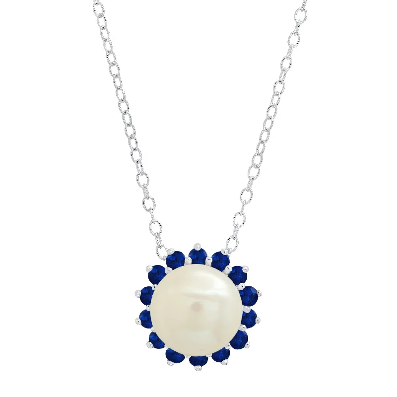 Bold And Beautiful Jewelry Now At Irresistible Prices Sterling Silver 9MM Cultured Pearl and Created Blue Sapphire Pendant Necklace