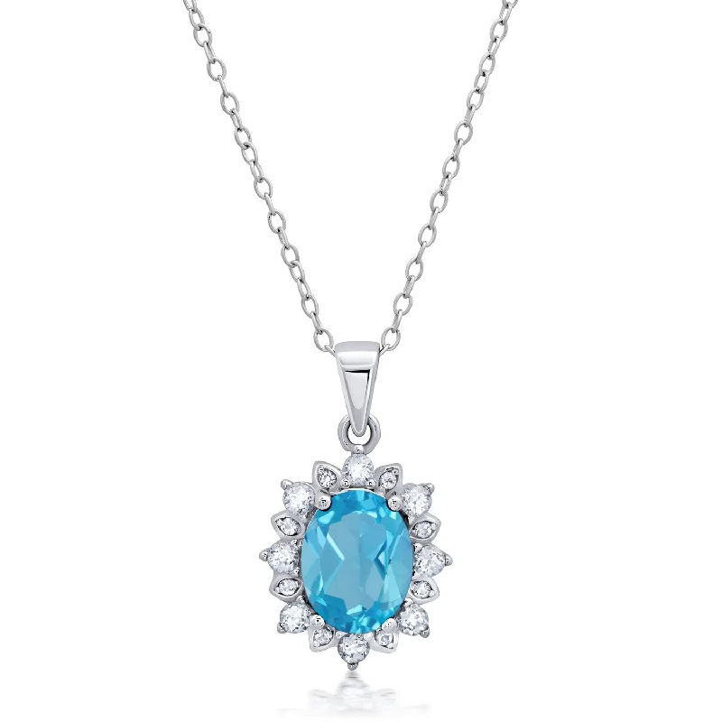 Jewelry Sale Bonanza – Grab Your Sparkle Now Sterling Silver Gemstone Oval Pendant Necklace with White Topaz Sunburst Halo 9mm x 7mm with 18 Inch Cable Chain